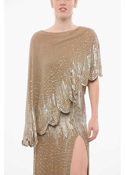 Rochii lungi Elisabetta Franchi Red Carpet Sequined Maxidress With Cape Design Beige Femei (BM 18694384) 4