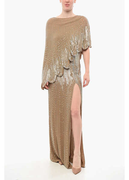 Rochii lungi Elisabetta Franchi Red Carpet Sequined Maxidress With Cape Design Beige Femei (BM 18694384) 1