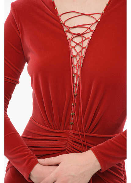 Salopete Elisabetta Franchi Velour Jumpsuit With Lace-Up Detail And Studs Red Femei (BM 18694411) 3