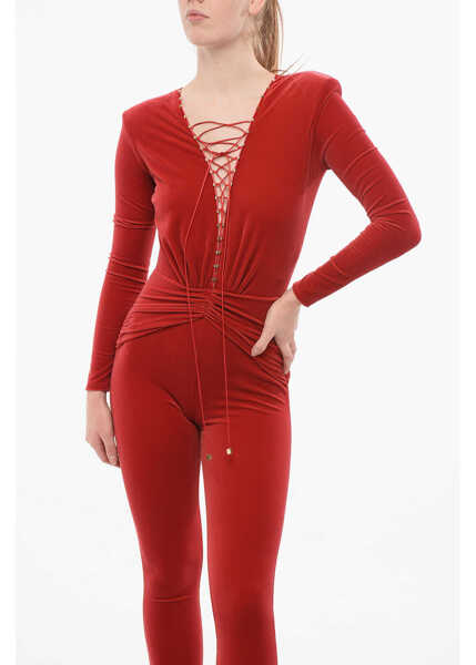 Salopete Elisabetta Franchi Velour Jumpsuit With Lace-Up Detail And Studs Red Femei (BM 18694411) 4