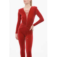 Imbracaminte Dama pagina 235 - Salopete Elisabetta Franchi Velour Jumpsuit With Lace-Up Detail And Studs Red Femei (BM 18694411) - B-mall.ro