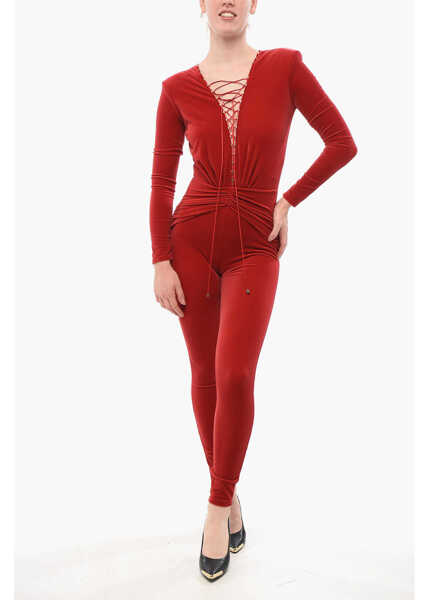 Salopete Elisabetta Franchi Velour Jumpsuit With Lace-Up Detail And Studs Red Femei (BM 18694411) 1