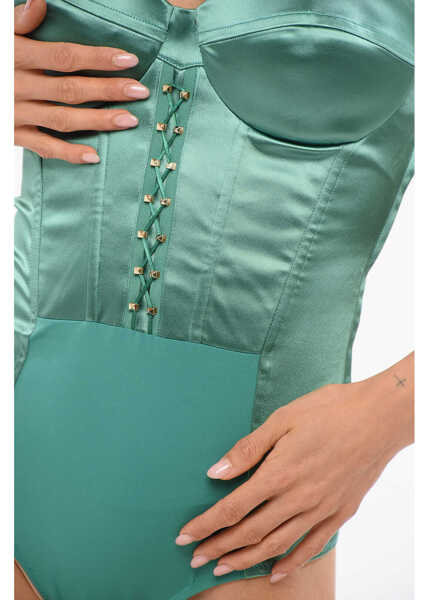 Body-uri Elisabetta Franchi Satin Bodysuit With Front Lace-Up Detail Green Femei (BM 18694414) 3