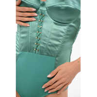 Body-uri Elisabetta Franchi Dama - Body-uri Elisabetta Franchi Satin Bodysuit With Front Lace-Up Detail Green Femei (BM 18694414) - B-mall.ro