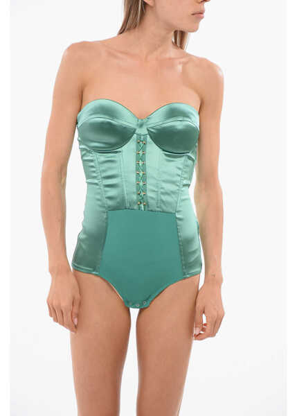 Body-uri Elisabetta Franchi Satin Bodysuit With Front Lace-Up Detail Green Femei (BM 18694414) 1