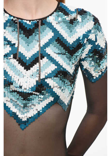 Body-uri Elisabetta Franchi Sequined Mesh Bodysuit Light Blue Femei (BM 18694435) 2