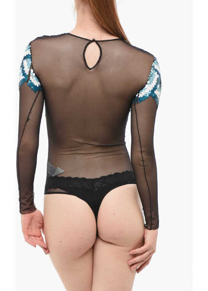 Body-uri Elisabetta Franchi Sequined Mesh Bodysuit Light Blue Femei (BM 18694435) 3