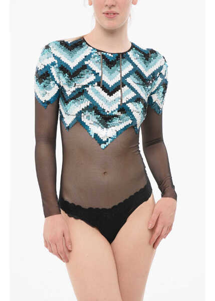 Body-uri Elisabetta Franchi Sequined Mesh Bodysuit Light Blue Femei (BM 18694435) 1