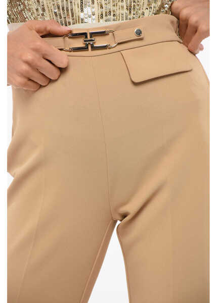 Pantaloni casual Elisabetta Franchi Carrot Fit Pants With Monogram Buckle Beige Femei (BM 18694444) 3