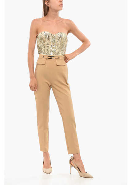 Pantaloni casual Elisabetta Franchi Carrot Fit Pants With Monogram Buckle Beige Femei (BM 18694444) 4
