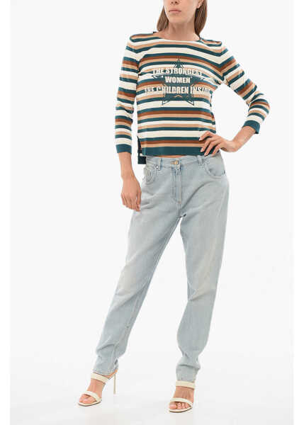 Pulovere Elisabetta Franchi Crew Neck Bayadere Patterned Sweater With Print Multicolor Femei (BM 18694462) 4