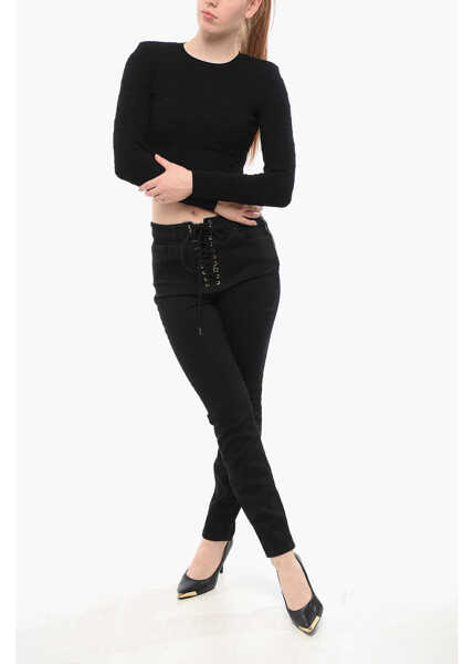 Pulovere Elisabetta Franchi Monogram Fabric Crop Sweater Black Femei (BM 18694477) 4