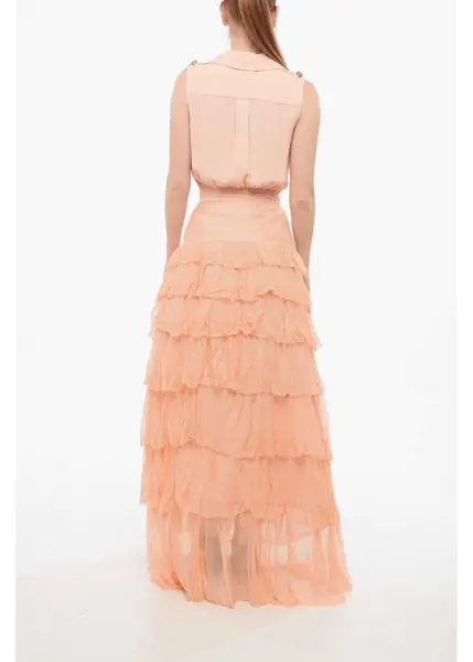 Rochii lungi Elisabetta Franchi Red Carpet Flounced Shirt Dress With Breast-Pockets Orange Femei (BM 18694582) 2