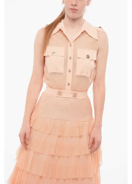 Rochii lungi Elisabetta Franchi Red Carpet Flounced Shirt Dress With Breast-Pockets Orange Femei (BM 18694582) 4