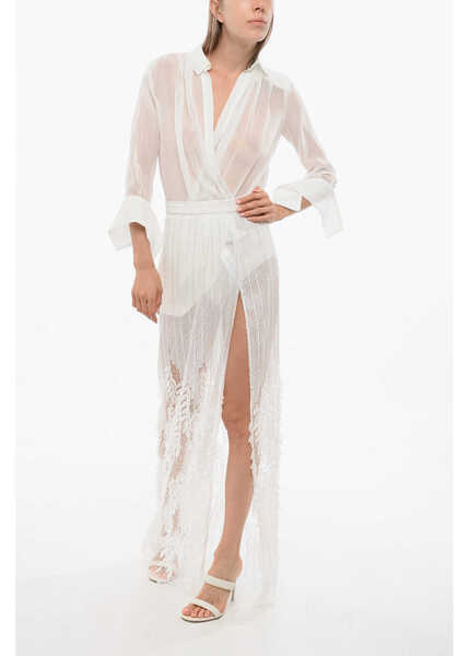 Fuste lungi Elisabetta Franchi See Through Sequined Skirt With Embossed Details White Femei (BM 18694600) 4