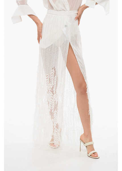 Fuste lungi Elisabetta Franchi See Through Sequined Skirt With Embossed Details White Femei (BM 18694600) 1