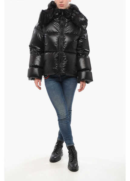 Geci de iarna Bacon Collar-Shaped Hood Storm Down Jacket Black Femei (BM 18694615) 4