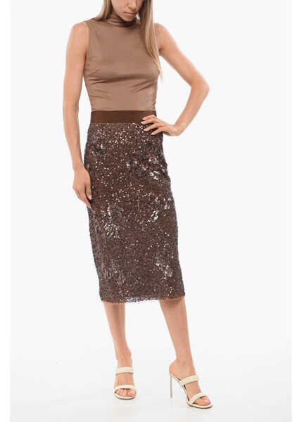Fuste lungi Elisabetta Franchi Sequined Longuette With Back Split Brown Femei (BM 18694654) 4