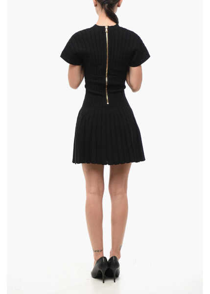 Rochii scurte Balmain Short Sleeved Pleated Dress Black Femei (BM 18694774) 2