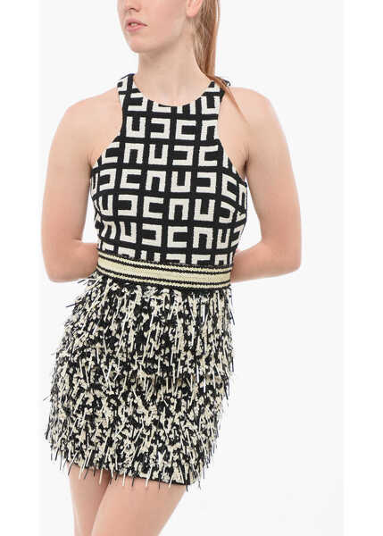 Rochii scurte Elisabetta Franchi Monogram Dress With Sequined Skirt Black & White Femei (BM 18694834) 4