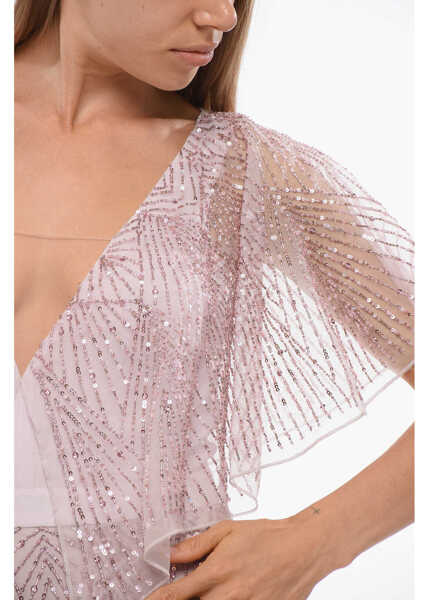 Rochii lungi Elisabetta Franchi Sequined Chiffon Dress With Butterfly Sleeves Pink Femei (BM 18694852) 3