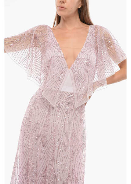 Rochii lungi Elisabetta Franchi Sequined Chiffon Dress With Butterfly Sleeves Pink Femei (BM 18694852) 4