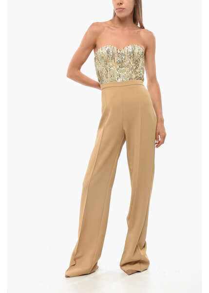 Pantaloni office Elisabetta Franchi Front Pleated Palazzo Pants Beige Femei (BM 18694867) 4