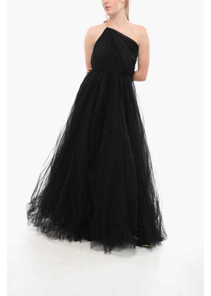 Rochii lungi Elisabetta Franchi One-Shoulder Tulle Maxidress Black Femei (BM 18694876) 1