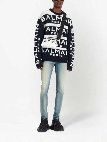 Pulovere Balmain Two-Tone Crewneck Sweater With All-Over Logo Black & White Barbati (BM 18695074) 2