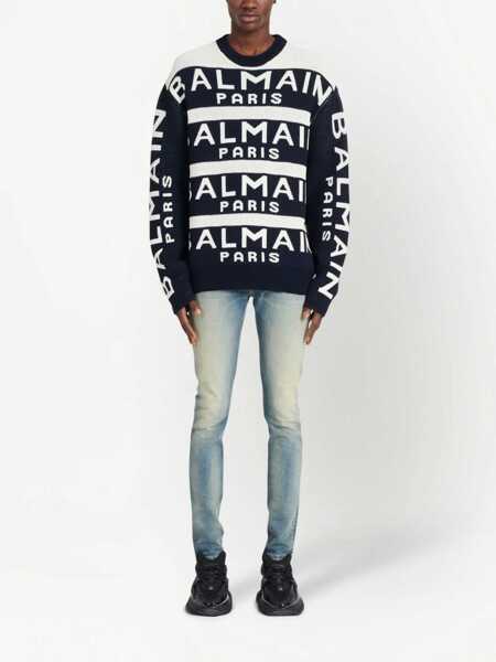 Pulovere Balmain Two-Tone Crewneck Sweater With All-Over Logo Black & White Barbati (BM 18695074) 3