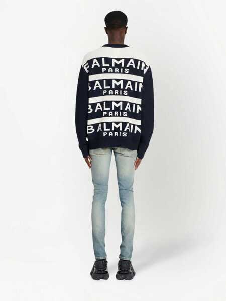 Pulovere Balmain Two-Tone Crewneck Sweater With All-Over Logo Black & White Barbati (BM 18695074) 4