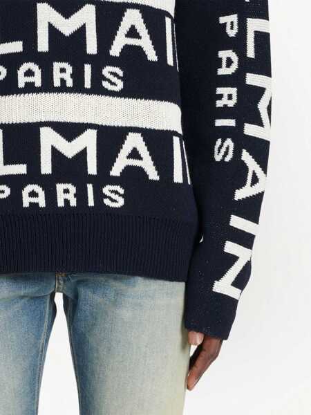 Pulovere Balmain Two-Tone Crewneck Sweater With All-Over Logo Black & White Barbati (BM 18695074) 5