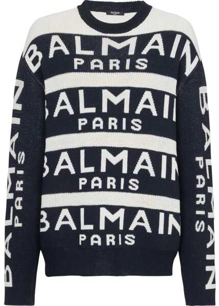 Pulovere Balmain Two-Tone Crewneck Sweater With All-Over Logo Black & White Barbati (BM 18695074) 1