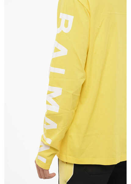 Tricouri Balmain Long Sleeved Crew-Neck T-Shirt With Printed Logo Yellow Barbati (BM 18695086) 3