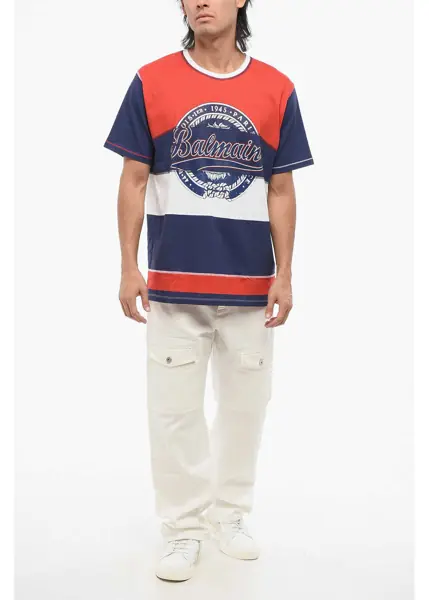 Tricouri Balmain Color Block Crew-Neck T-Shirt With Printed Logo White Barbati (BM 18695098) 4
