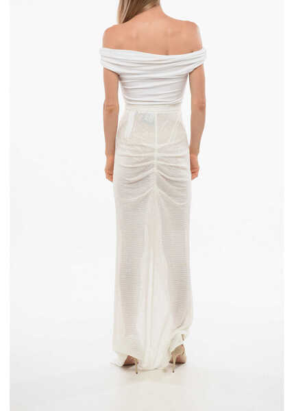 Rochii lungi Elisabetta Franchi Sequined Dress With Draped Neckline White Femei (BM 18695104) 2