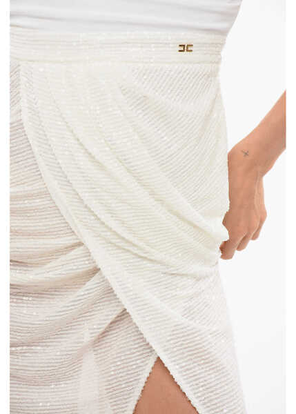 Rochii lungi Elisabetta Franchi Sequined Dress With Draped Neckline White Femei (BM 18695104) 3