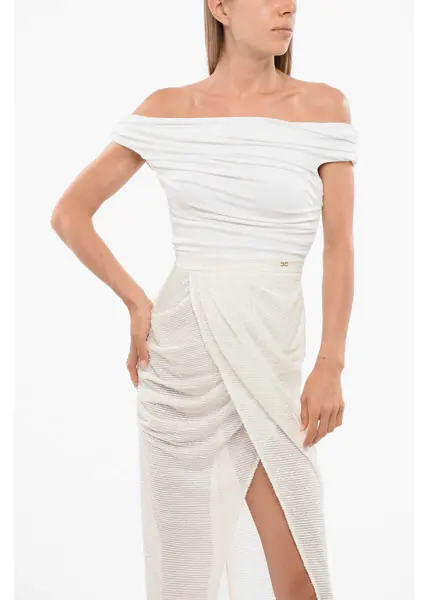 Rochii lungi Elisabetta Franchi Sequined Dress With Draped Neckline White Femei (BM 18695104) 4