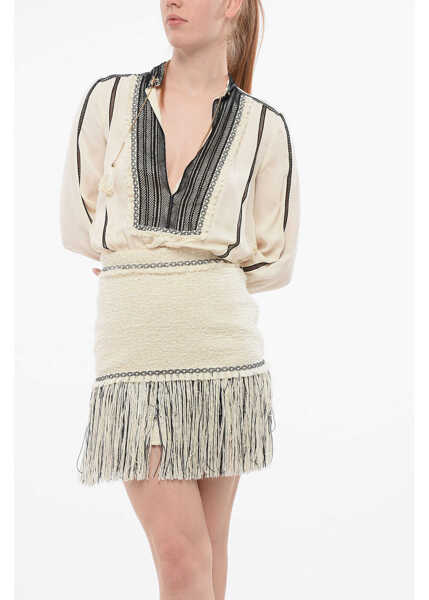 Rochii scurte Elisabetta Franchi Modular Shirt Dress With Fringed Hems White Femei (BM 18695116) 4