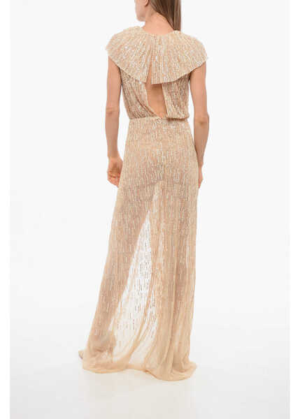 Rochii lungi Elisabetta Franchi Red Carpet Sequined Maxidress With Cape Design Beige Femei (BM 18695143) 2