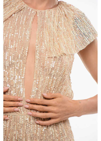 Rochii lungi Elisabetta Franchi Red Carpet Sequined Maxidress With Cape Design Beige Femei (BM 18695143) 3