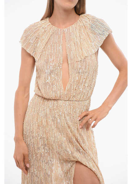 Rochii lungi Elisabetta Franchi Red Carpet Sequined Maxidress With Cape Design Beige Femei (BM 18695143) 4