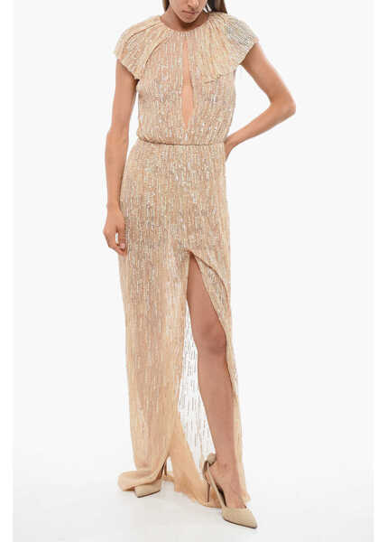 Rochii lungi Elisabetta Franchi Red Carpet Sequined Maxidress With Cape Design Beige Femei (BM 18695143) 1