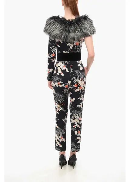 Salopete Elisabetta Franchi Floral Patterned Jumpsuit With Removable Eco-Fur Detail Black Femei (BM 18695149) 2