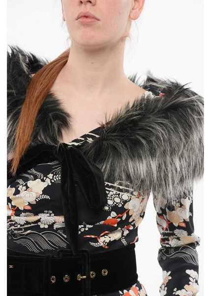 Salopete Elisabetta Franchi Floral Patterned Jumpsuit With Removable Eco-Fur Detail Black Femei (BM 18695149) 3