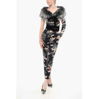 Salopete Elisabetta Franchi Floral Patterned Jumpsuit With Removable Eco-Fur Detail