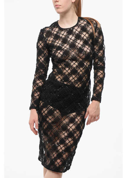 Rochii lungi Elisabetta Franchi Embroidered Tulle See Through Sheath Dress Black Femei (BM 18695158) 3