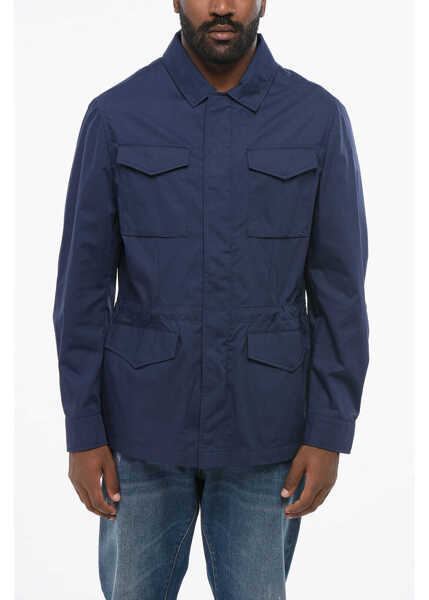 Jachete Brunello Cucinelli Cotton Blend Waterproof Overshirt With Drawstring Blue Barbati (BM 18703990) 1