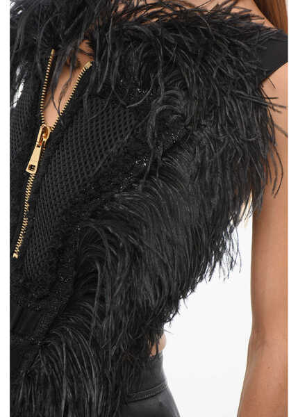 Bluze Balmain Solid Color Top With Golden Zip And Tone On Tone Feathers Tr Black Femei (BM 18704008) 3