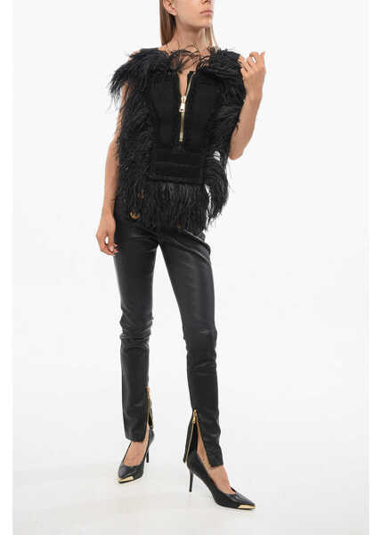 Bluze Balmain Solid Color Top With Golden Zip And Tone On Tone Feathers Tr Black Femei (BM 18704008) 4